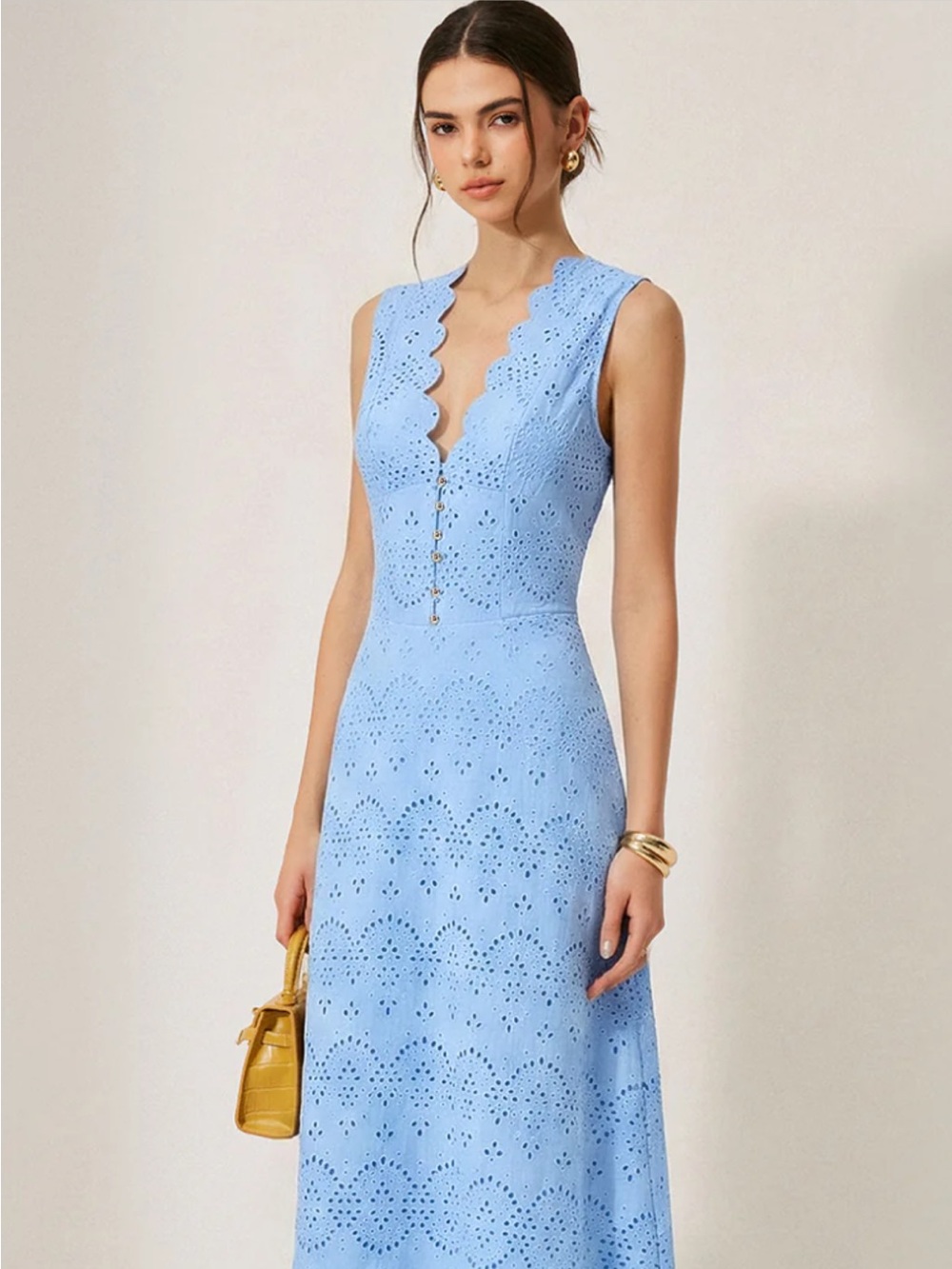 Commense Sky Blue Scalloped V-Neck Eyelet Midi Dress